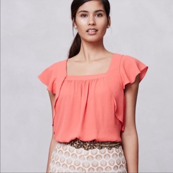 Anthropologie Meadow Rue Coral Flutter Sleeve Top - Picture 2 of 8